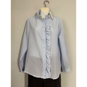 ePretty‎ Blue White Stripe Ruffle Neck Button Up Shirt Women's Size Medium NWT